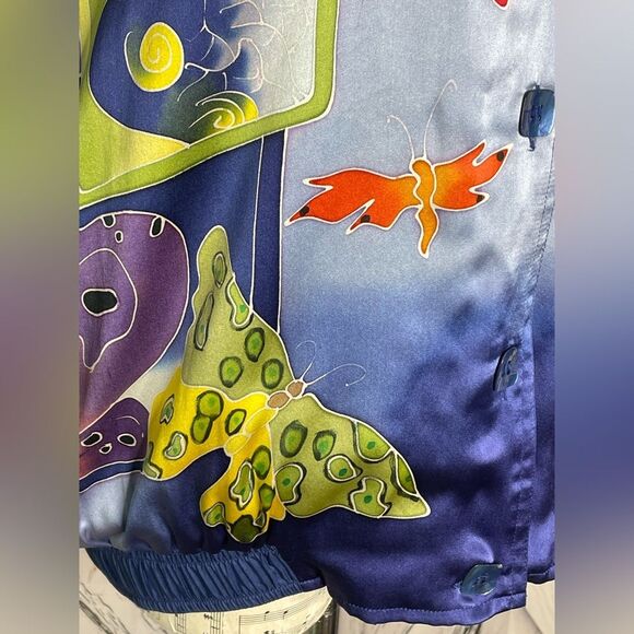 Vintage 80s Mureli Jacket 100% Silk Butterflies Moths Blue S - Picture 6 of 14